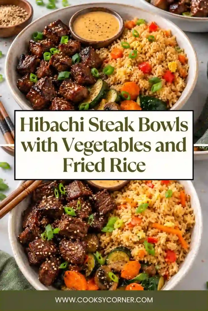 Hibachi steak rice bowls featuring tender seared sirloin alongside colorful sautéed vegetables and fried rice. Garlic butter and sesame give the steak a glossy, savory finish.