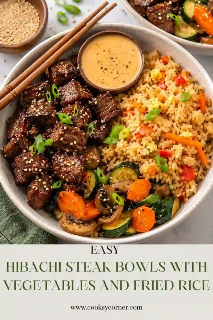 Homemade Hibachi Steak Bowl with juicy steak bites, fried rice, golden zucchini, carrots, and mushrooms. A drizzle of creamy Yum Yum sauce finishes the Japanese-inspired meal.