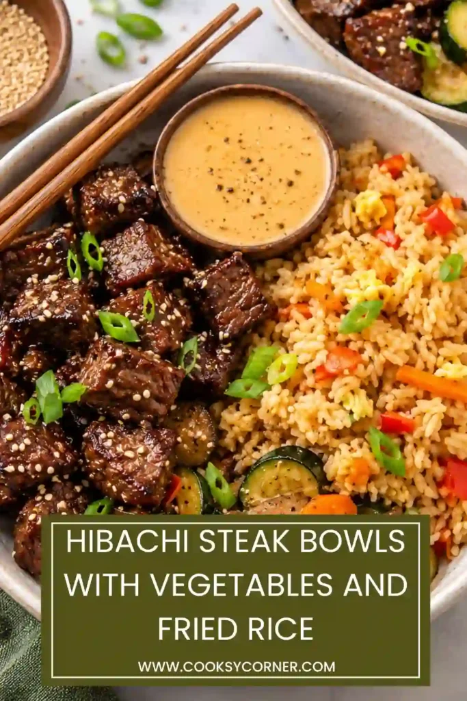 Hibachi Steak Bowls filled with seared garlic butter sirloin, sautéed zucchini, carrots, mushrooms, and fried rice. Creamy Yum Yum sauce is drizzled over the finished steak bowl.