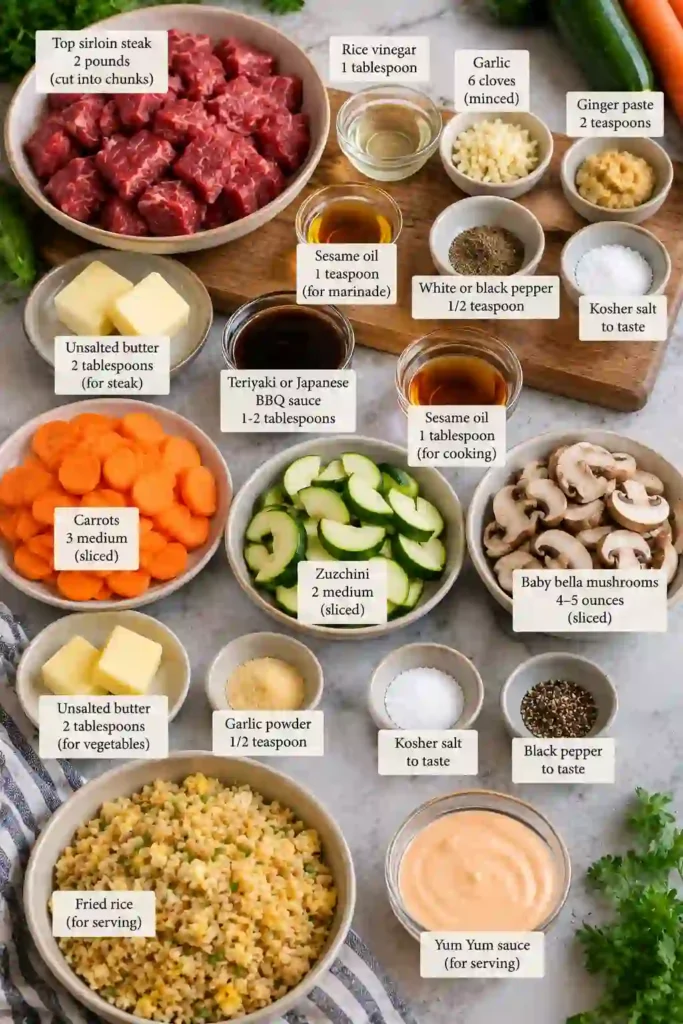 Japanese-inspired steak bowl with garlic butter beef, zucchini, mushrooms, carrots, and fried rice. The Hibachi Steak Bowl is served warm with creamy Yum Yum sauce.