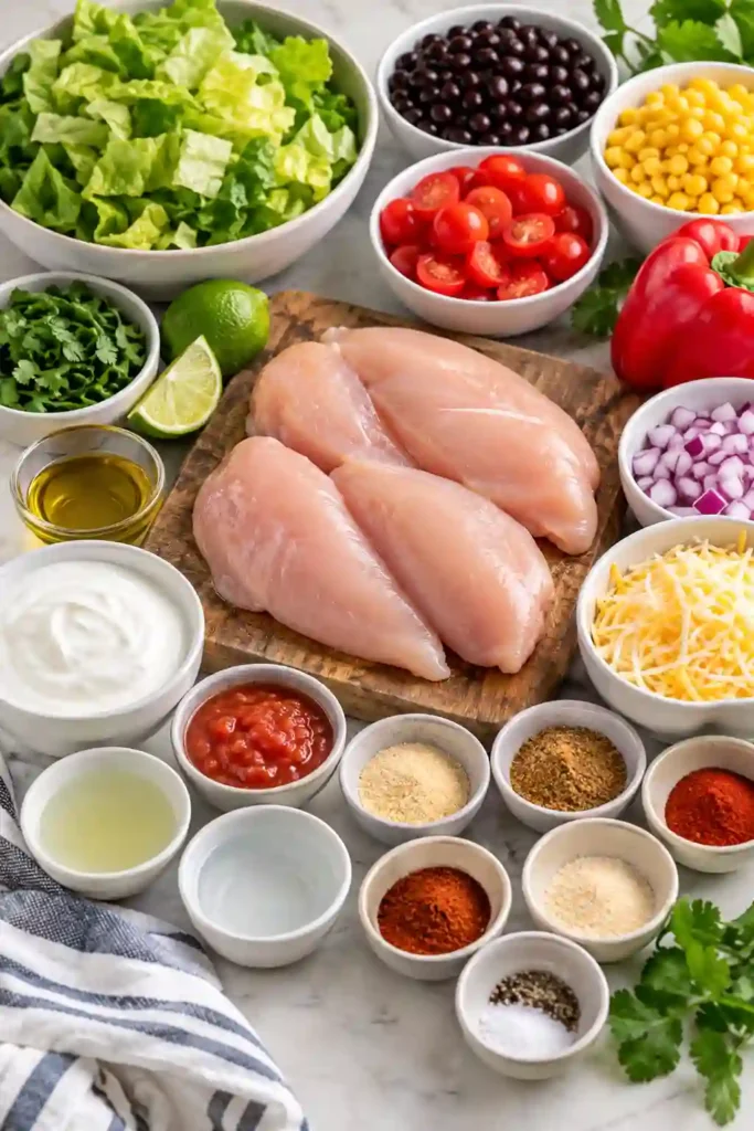 High Protein Chicken Taco Salad Bowl filled with juicy seasoned chicken, crisp romaine lettuce, black beans, corn, and fresh tomatoes. Creamy Greek yogurt taco dressing and lime wedges complete this colorful, healthy chicken salad.