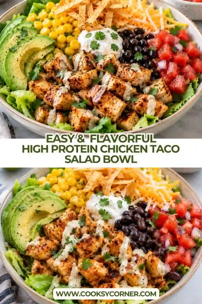 Chicken taco salad meal prep containers filled with seasoned chicken breast, crisp lettuce, black beans, corn, and colorful vegetables. Creamy Greek yogurt dressing is stored separately to keep the healthy high protein lunch fresh.