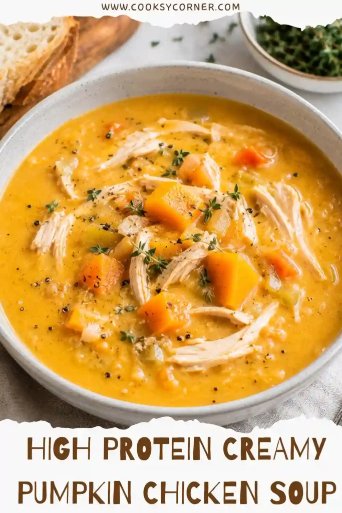 Homemade High Protein Creamy Pumpkin Chicken Soup in a serving bowl with a thick, golden-orange broth. Pumpkin puree, chicken breast, sage, and thyme create a comforting fall chicken soup.