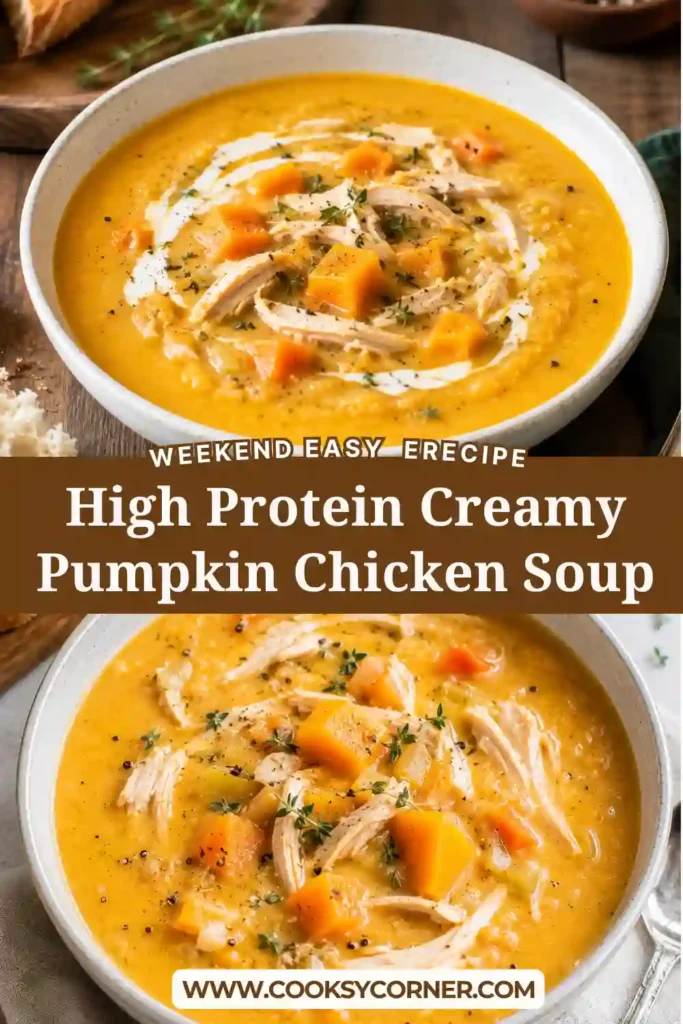 Creamy pumpkin chicken soup served warm with tender shredded chicken and a velvety pumpkin base. This high protein chicken soup is made with Greek yogurt, milk, vegetables, and savory herbs.