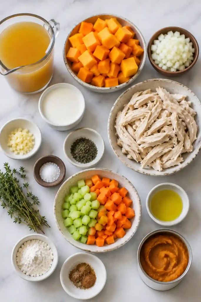 Healthy pumpkin soup with shredded chicken, vegetables, Greek yogurt, and aromatic herbs. The creamy pumpkin broth creates a hearty high protein chicken soup for fall and winter meals.