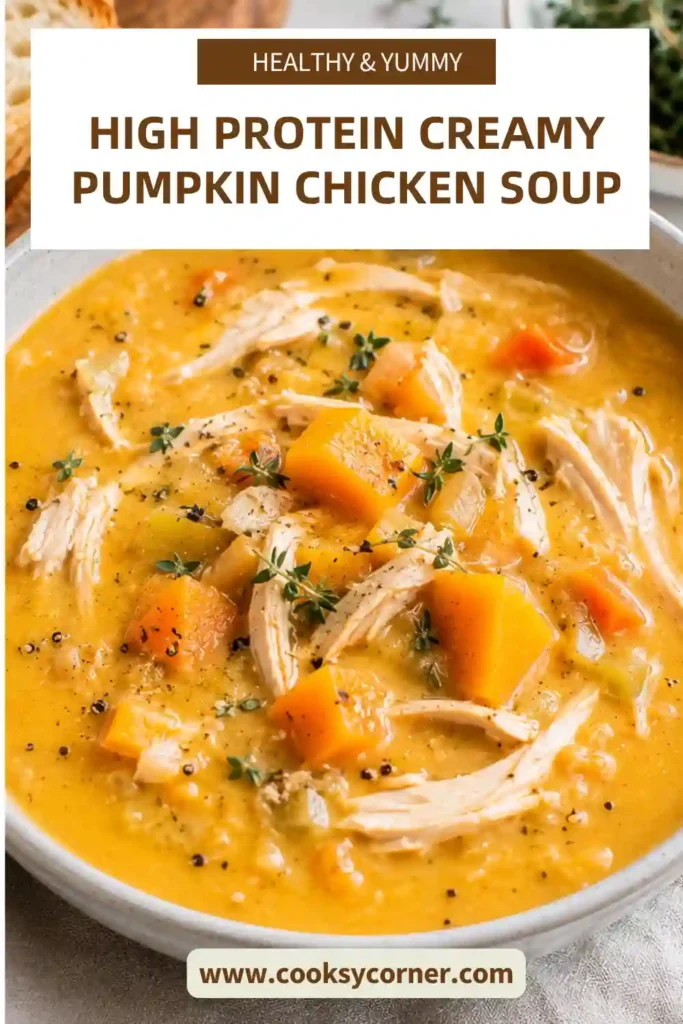 A bowl of High Protein Creamy Pumpkin Chicken Soup with shredded chicken and a smooth orange pumpkin broth. This creamy pumpkin soup combines Greek yogurt, vegetables, and warming herbs for a cozy meal.