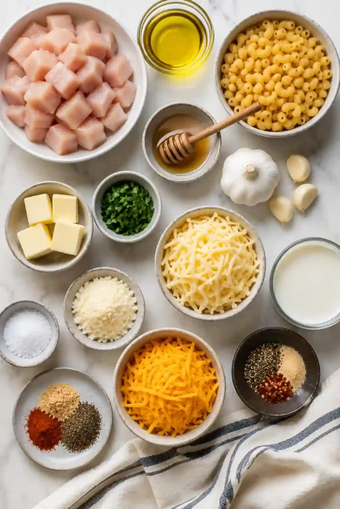 High Protein Honey Garlic Butter Chicken served with creamy mac and cheese and fresh parsley. Juicy glazed chicken pieces sit alongside cheesy elbow macaroni for a comforting high protein dinner.