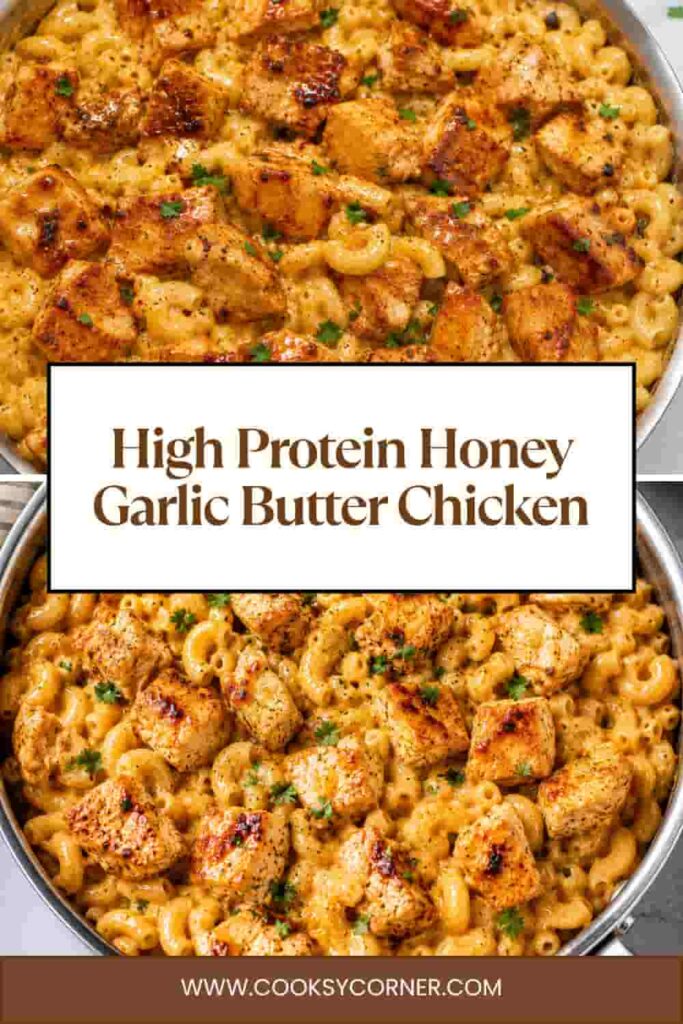 High protein mac and cheese topped with tender honey garlic butter chicken. Creamy cheddar and mozzarella sauce coats elbow macaroni beside juicy seasoned chicken pieces.