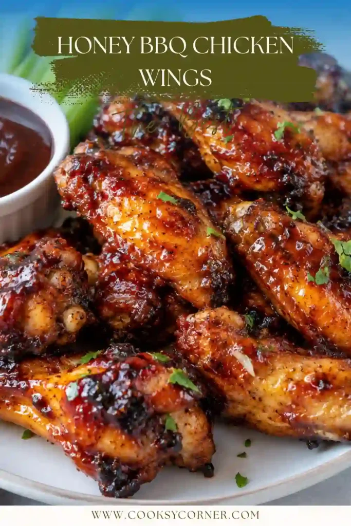 Oven baked chicken wings arranged on a baking sheet with a golden exterior and caramelized honey barbecue sauce. The seasoned wings are coated in a glossy glaze made with honey, BBQ sauce, and smoky spices.