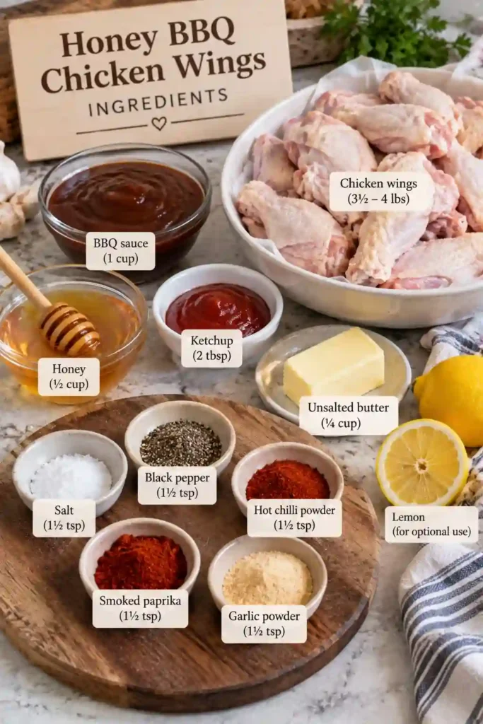 Honey BBQ Chicken Wings served on a platter with a glossy barbecue glaze and golden caramelized edges. The tender chicken wings are ready to enjoy as a family dinner or party appetizer.