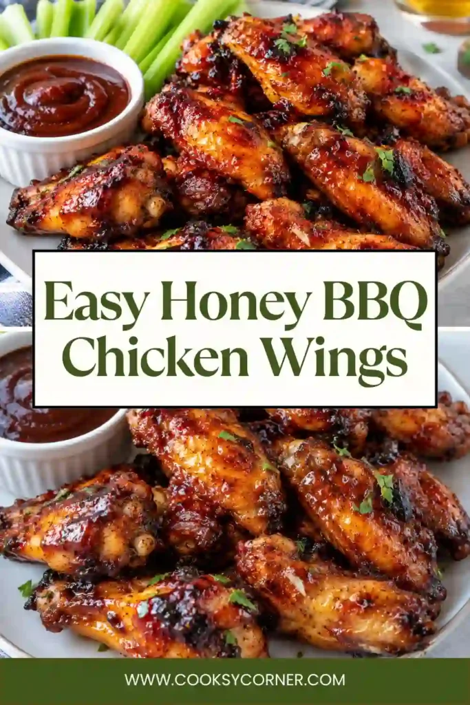 Close-up of sticky honey BBQ wings covered in a thick, glossy barbecue sauce. The baked chicken wings have caramelized edges and a rich reddish-brown honey glaze.