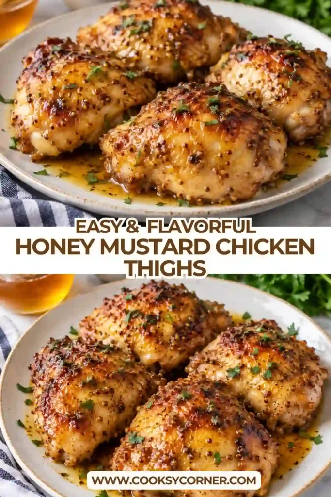Honey Mustard Chicken Thighs baked until golden and coated in a glossy honey Dijon sauce. The juicy chicken is finished with fresh herbs for an easy family dinner.