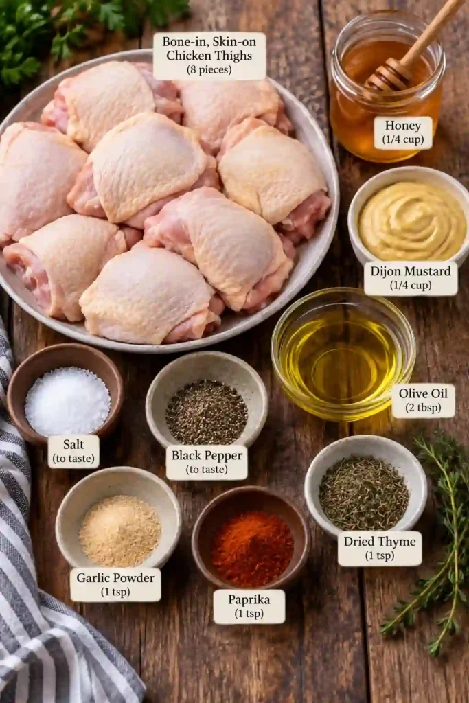 Golden Honey Mustard Chicken Thighs in a baking dish with a glossy sweet and savory glaze. The chicken is oven baked with Dijon mustard, honey, garlic, paprika, and herbs.
