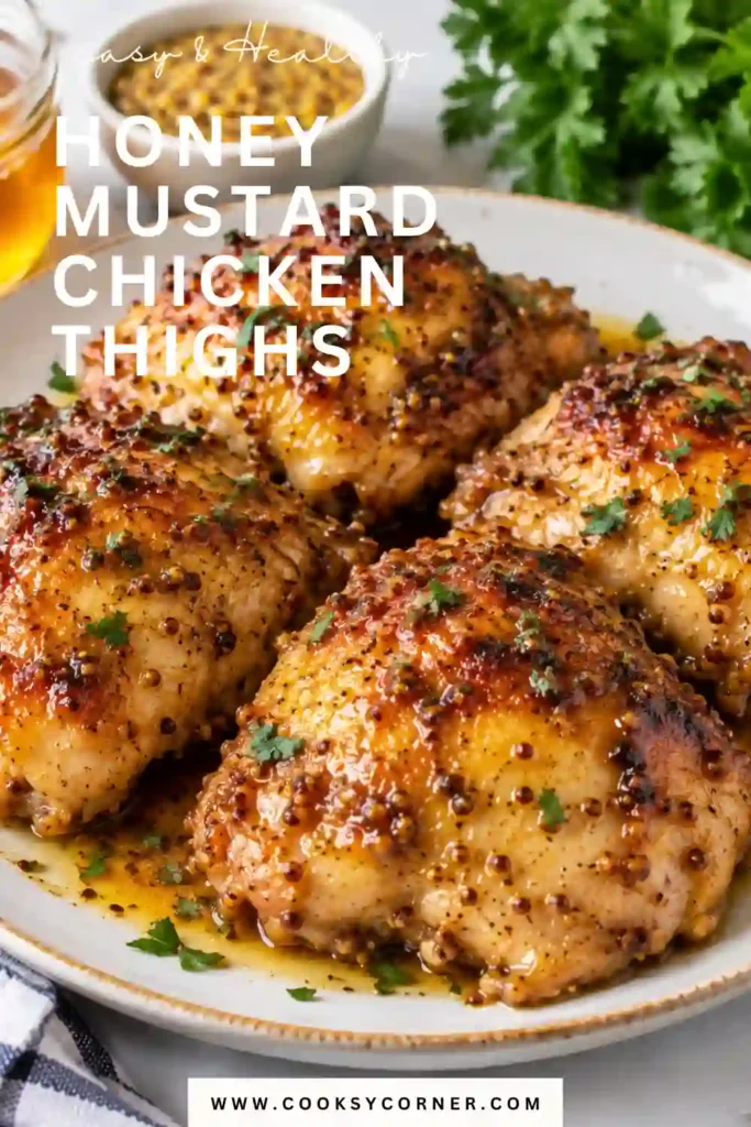 Juicy oven baked chicken thighs covered with caramelized honey mustard sauce and garnished with fresh thyme. A simple honey Dijon chicken dinner served hot from the oven.