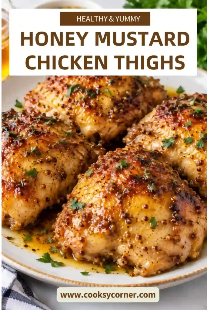 Baked honey mustard chicken thighs with golden skin and a sweet and tangy Dijon glaze. This easy chicken thigh recipe is seasoned with garlic, paprika, and thyme.