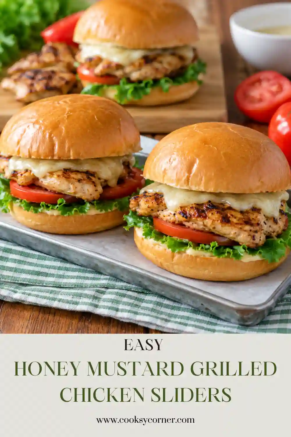 Honey mustard chicken sliders filled with seasoned grilled chicken, fresh tomato, peppery arugula, and cheddar cheese. Sweet and tangy honey Dijon sauce coats the warm toasted buns.