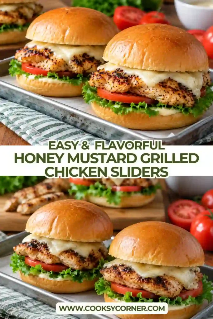 Grilled chicken sliders with melted aged cheddar, tomato slices, baby arugula, and honey mustard sauce. The mini chicken sandwiches are served on lightly toasted golden buns.