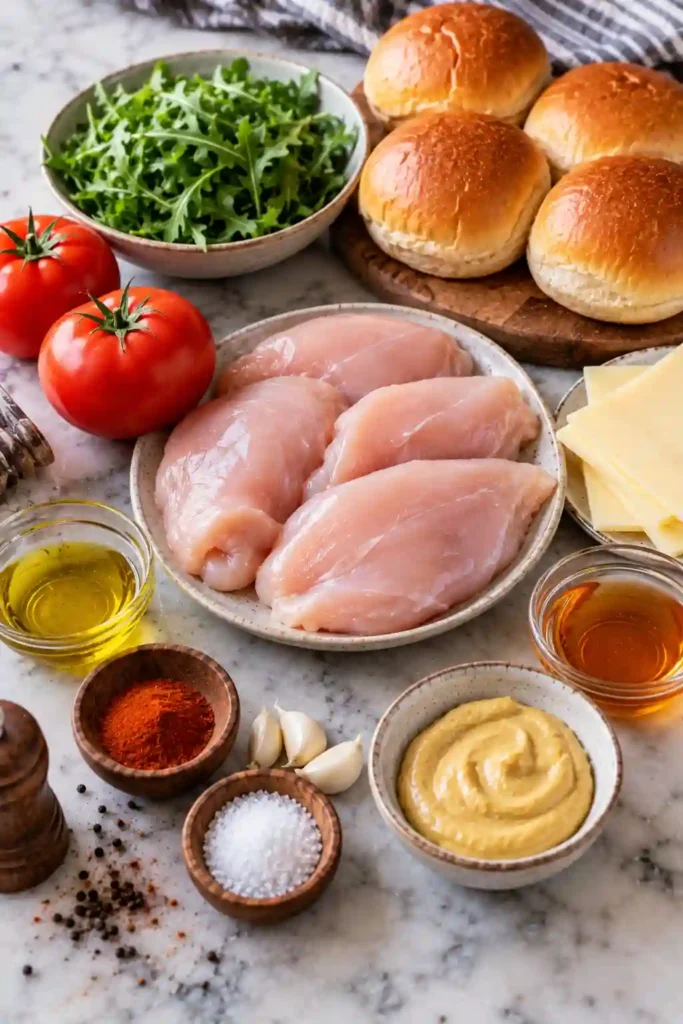 Easy grilled chicken sandwiches served on slider buns with cheddar, tomatoes, arugula, and homemade honey mustard dressing. The chicken has golden grill marks and a juicy center.