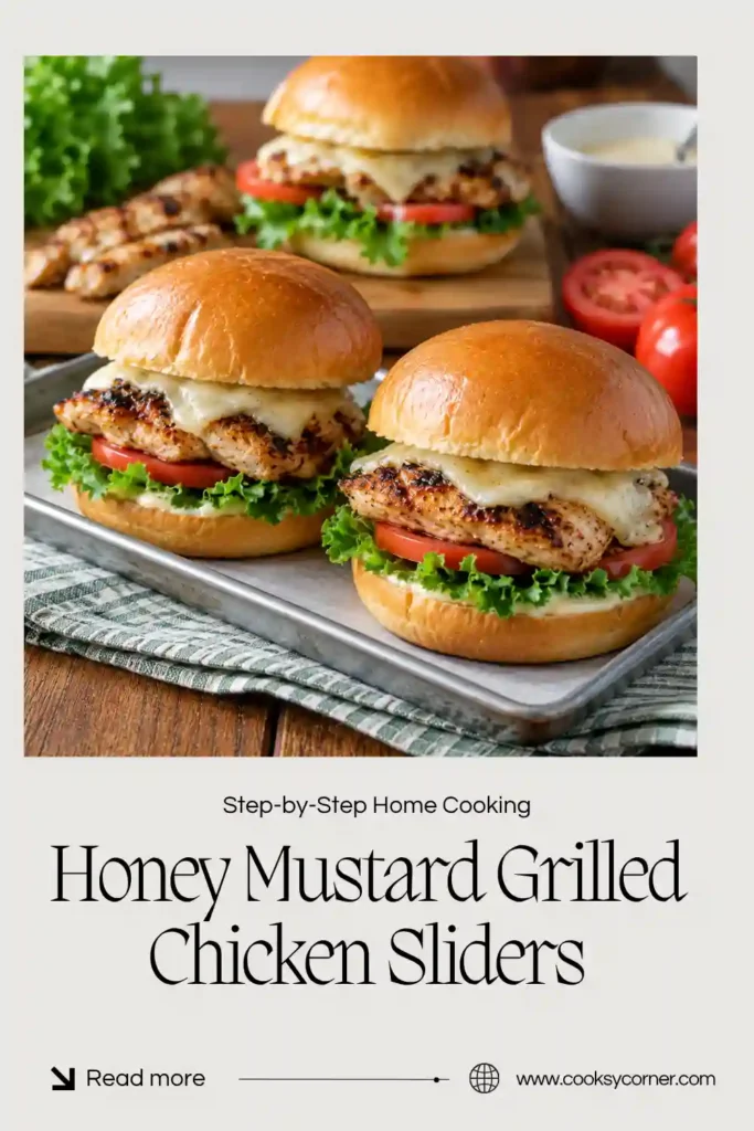 Honey Mustard Grilled Chicken Sliders layered with juicy grilled chicken, cheddar cheese, sliced tomatoes, and fresh arugula. Golden toasted slider buns are finished with creamy honey Dijon dressing.