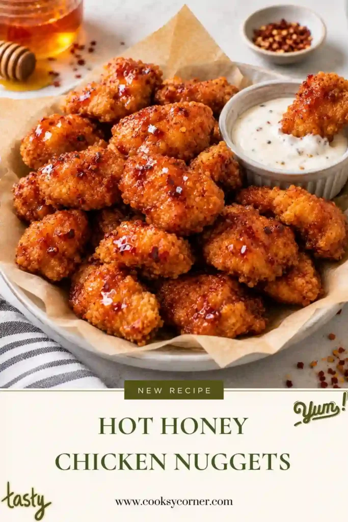 Homemade spicy chicken nuggets with crunchy seasoned coating and hot honey sauce. The golden chicken bites are drizzled with a glossy mixture of honey, butter, and Sriracha.