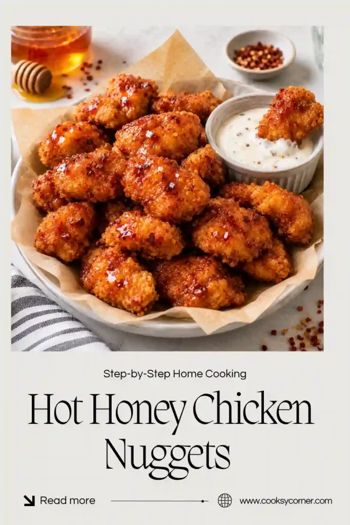 Crispy Hot Honey Chicken Nuggets piled on a serving plate with warm honey-Sriracha sauce. Each bite-size piece has golden breading and a sticky, spicy-sweet glaze.