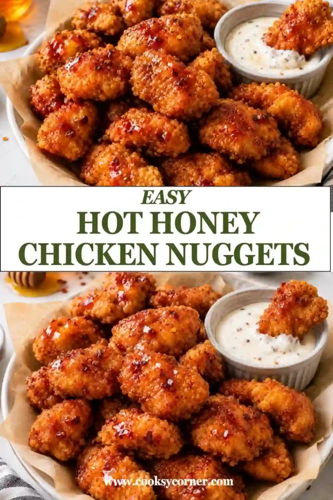 Hot Honey Chicken Nuggets coated in glossy sweet and spicy sauce with crisp golden breading. The homemade chicken nuggets have crunchy edges and tender, juicy centers.