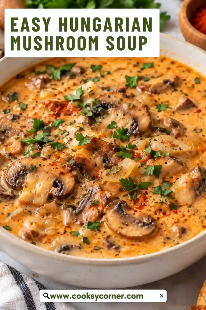 A warm bowl of Hungarian Mushroom Soup topped with fresh parsley and dill. Tender cremini mushrooms and sweet paprika give this creamy mushroom soup a rich color and comforting savory flavor.