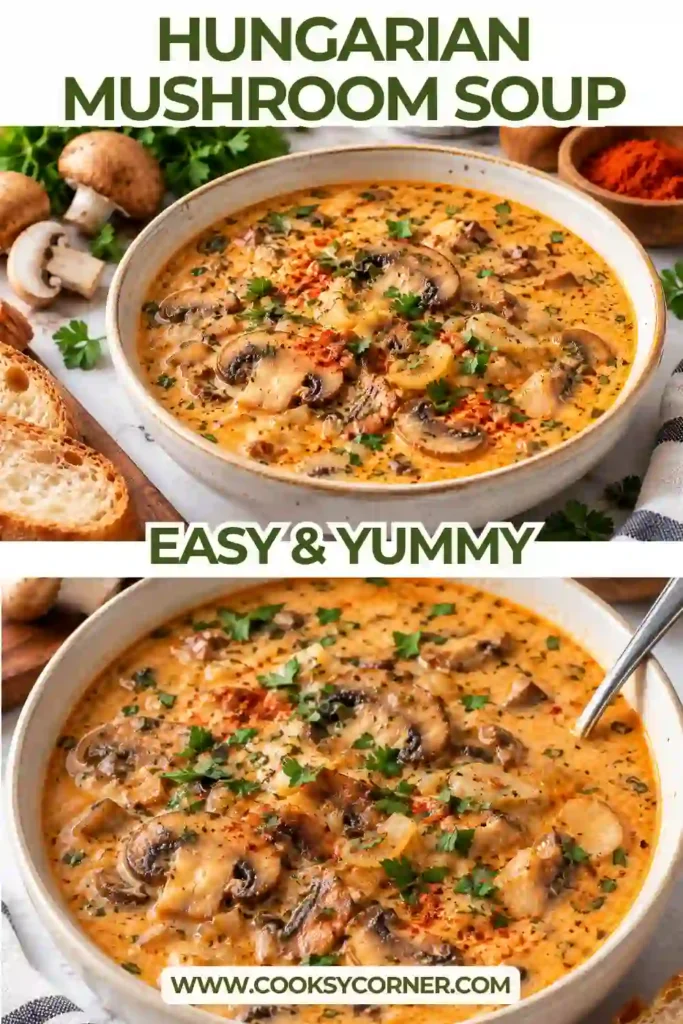 Homemade Hungarian Mushroom Soup made with sliced mushrooms, paprika, sour cream, and fresh herbs. The creamy paprika mushroom soup has a smooth broth with golden mushrooms and fresh dill.