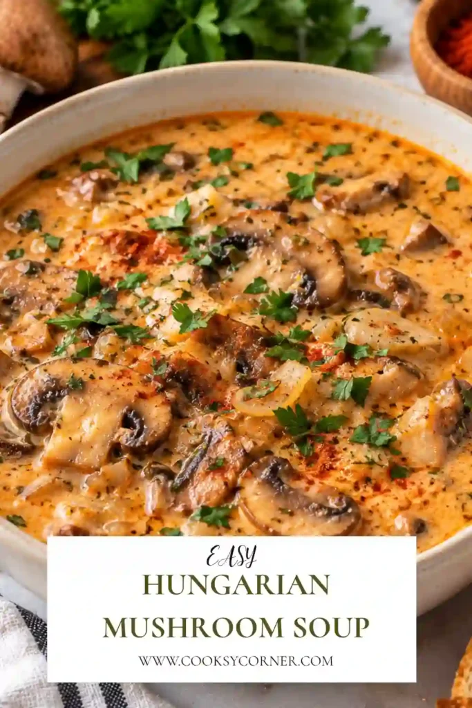 Hungarian Mushroom Soup served in a bowl with tender cremini mushrooms, sweet paprika, sour cream, and fresh dill. This creamy mushroom soup has a rich, savory broth finished with fresh herbs.