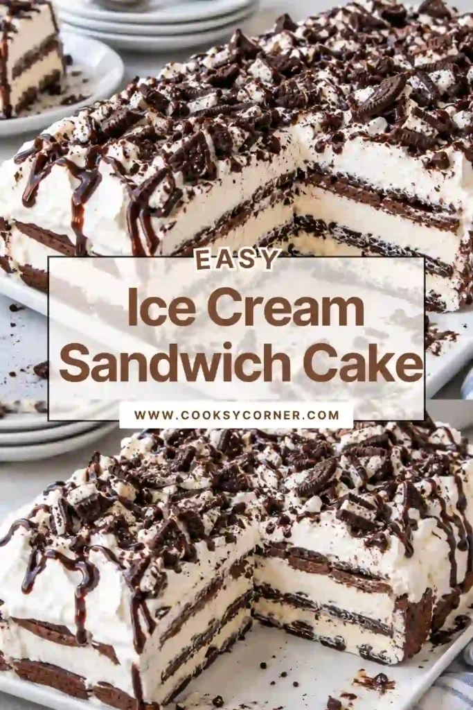 No bake Ice Cream Sandwich Cake served cold with chocolate fudge, caramel drizzle, whipped topping, and chopped pecans. The layered summer dessert has a creamy interior and rich chocolate finish.