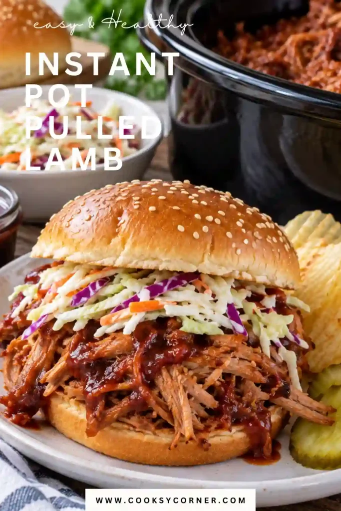 Halal-friendly Instant Pot Pulled Lamb piled generously onto slider rolls and covered with savory barbecue sauce. The shredded lamb is tender, saucy, and ready for serving.