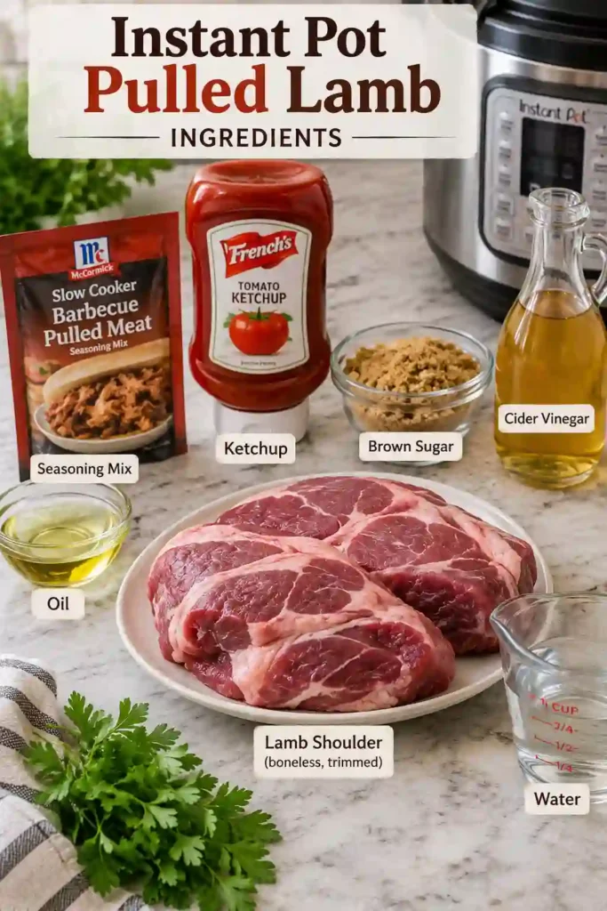 Homemade BBQ pulled lamb prepared from tender lamb shoulder in a pressure cooker. The juicy shredded meat is coated with a rich tomato, brown sugar, and cider vinegar barbecue sauce.
