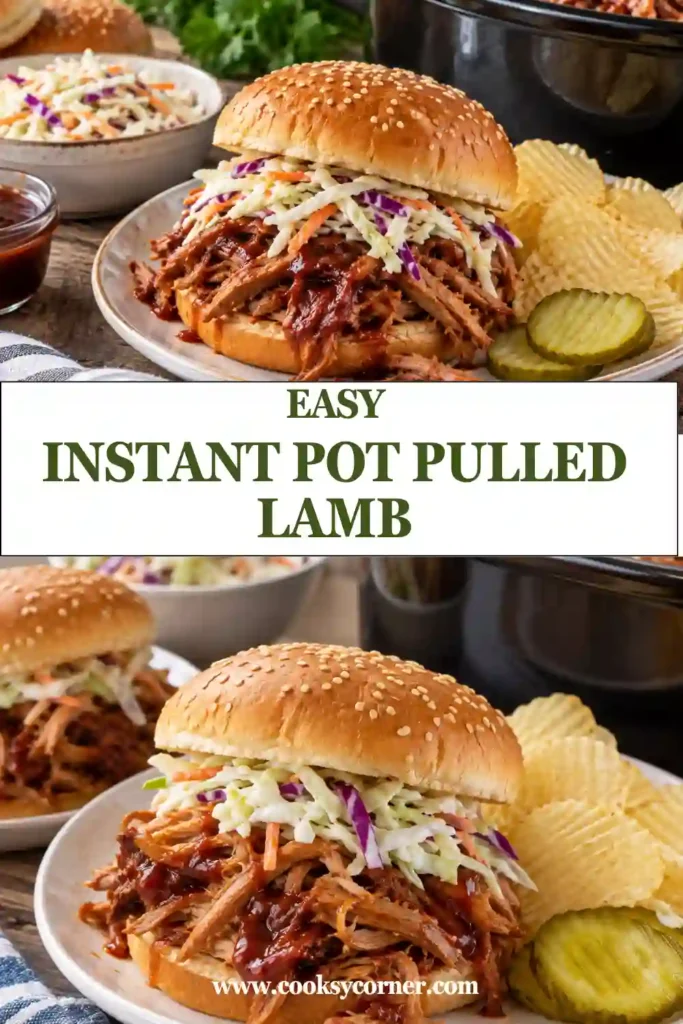 Instant Pot Pulled Lamb served on a soft sandwich roll with tender shredded lamb coated in glossy barbecue sauce. This easy BBQ pulled lamb has a rich, juicy texture perfect for a family dinner.