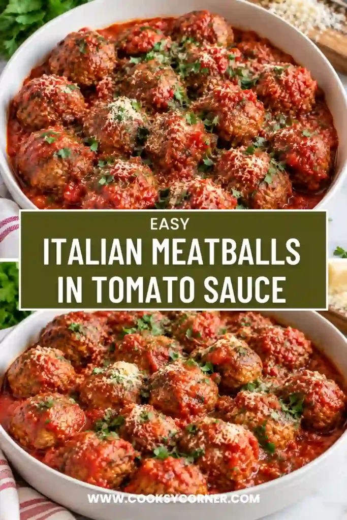 Close-up of a cut Italian meatball showing its tender beef and lamb filling. Tomato sauce coats the outside of the meatball.