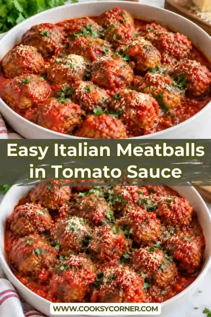 Italian meatballs served over pasta with tomato sauce, grated Parmesan-style cheese, and chopped parsley. The meatballs are made with beef and lamb.