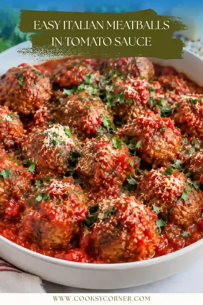 Italian meatballs simmered in a rich tomato sauce with garlic and herbs. The browned beef and lamb meatballs are coated in a glossy red sauce.
