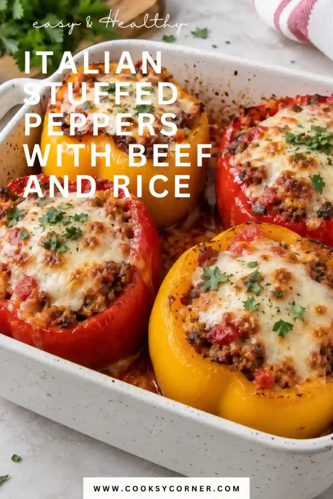 Italian stuffed bell pepper cut in half to reveal a filling of seasoned ground beef and cooked rice. Melted mozzarella and tomato sauce complete this easy baked stuffed pepper recipe.