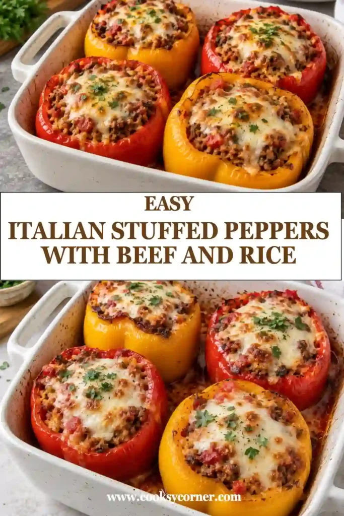 Italian stuffed peppers filled with seasoned ground beef and rice, baked in rich tomato sauce, and topped with melted mozzarella cheese. The tender bell peppers are arranged in a baking dish for a comforting family dinner.