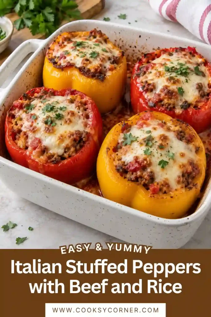 Close-up of a baked red bell pepper stuffed with ground beef, rice, and Italian seasoning. Melted mozzarella covers the savory filling, with tomato sauce surrounding the tender pepper.