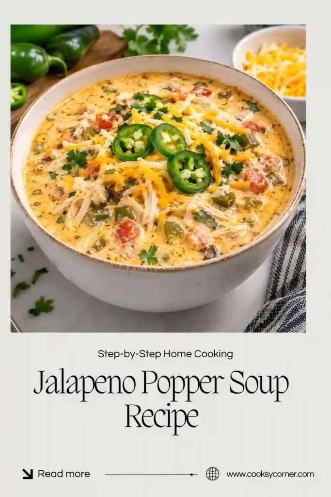 Homemade chicken jalapeno popper soup with a rich cream cheese broth, fresh jalapenos, shredded chicken, and turkey bacon. Cheddar and green onions add color and flavor on top.