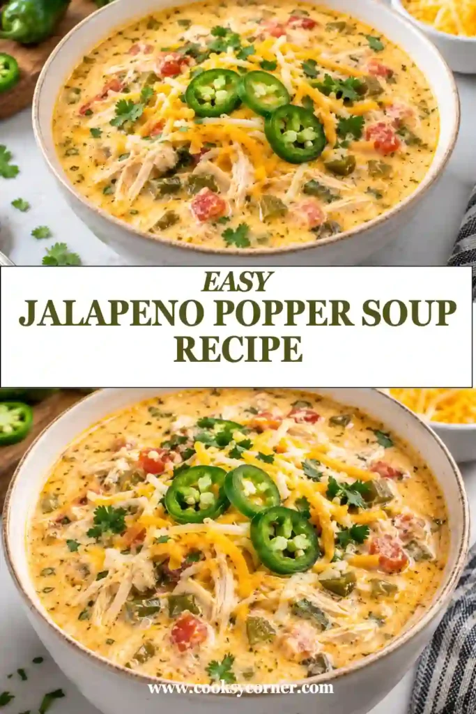 Creamy Jalapeno Popper Soup topped with sliced jalapenos, green onions, cheddar cheese, and crumbled turkey bacon. Tender shredded chicken makes this spicy soup filling and comforting.