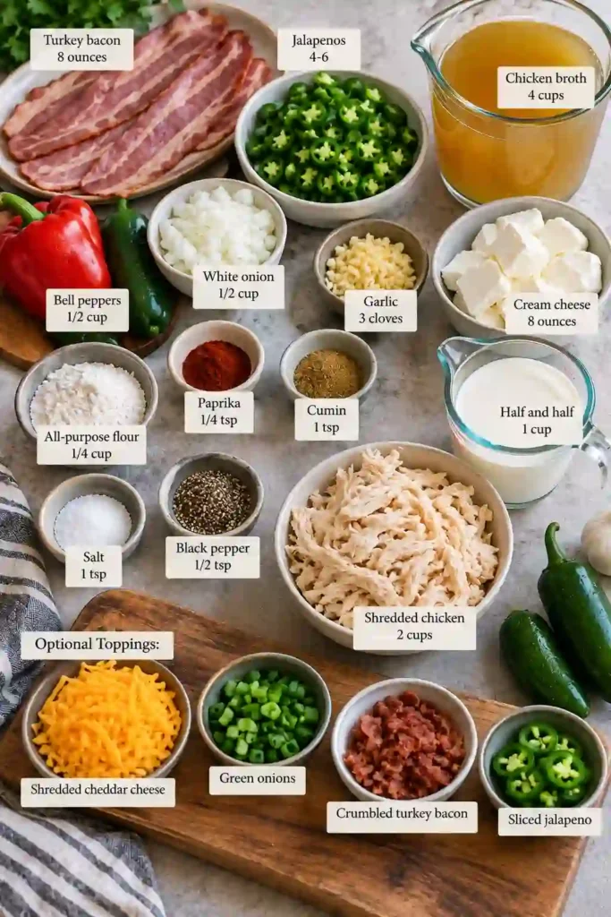 A warm bowl of Jalapeno Popper Soup made with chicken, cream cheese, peppers, and savory spices. Sliced jalapeno, cheddar, green onion, and crispy turkey bacon finish the creamy soup.