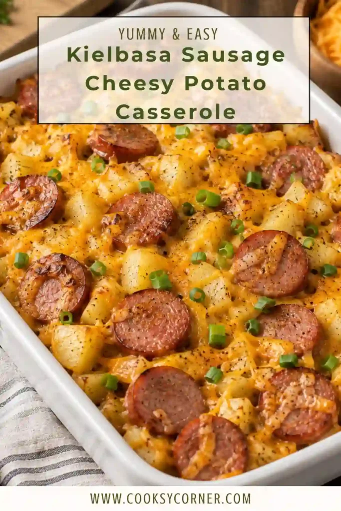 Easy sausage and potato casserole featuring smoky beef kielbasa, creamy potatoes, cheddar cheese, and a crunchy golden topping. A warm and hearty family-style casserole fresh from the oven.