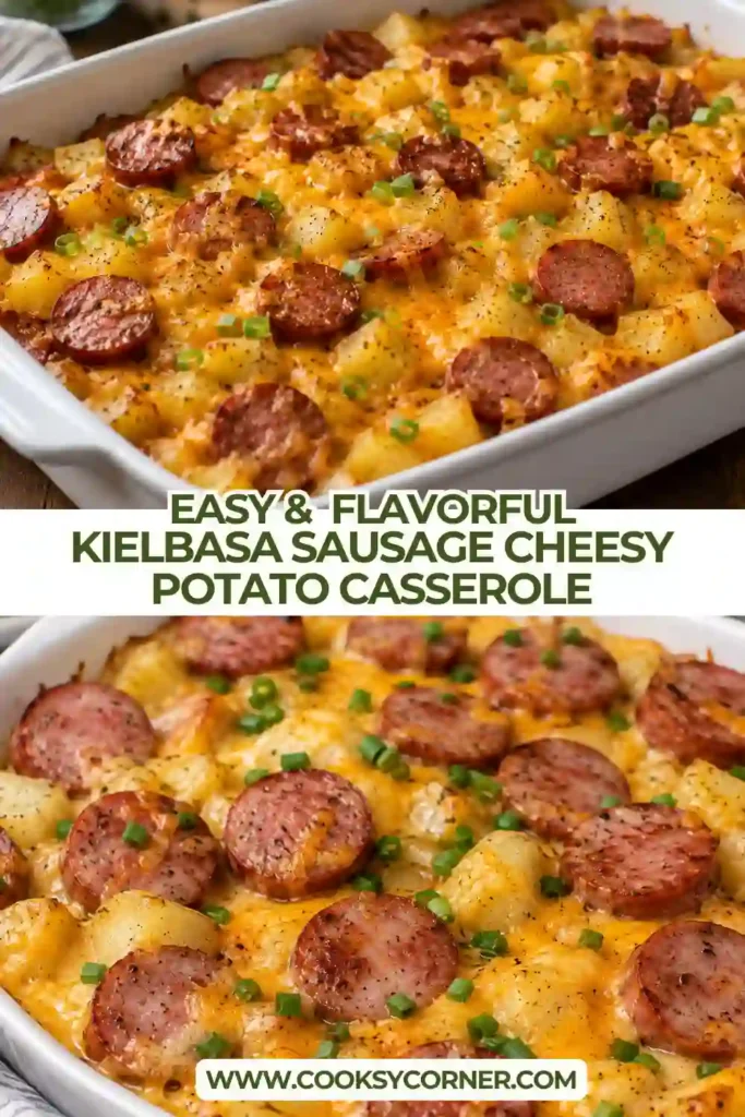 Homemade cheesy kielbasa casserole filled with tender hash brown potatoes, sliced beef kielbasa, and melted cheddar. The casserole is baked in a large dish until creamy and golden brown.