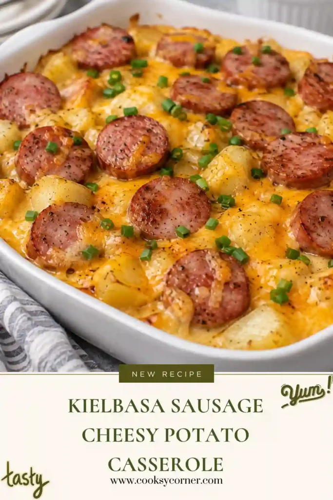 Kielbasa Sausage Cheesy Potato Casserole baked until golden and bubbling with smoked beef kielbasa, diced potatoes, and melted cheddar cheese. The creamy casserole has a rich, comforting texture and crisp golden topping.
