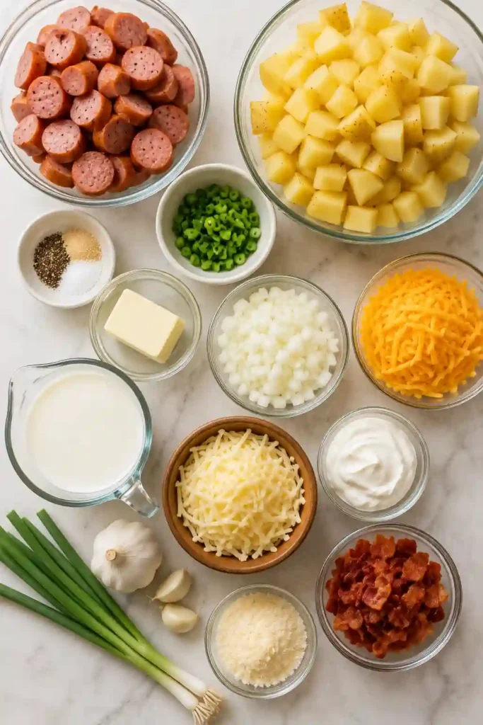 Cheesy potato casserole with sliced beef kielbasa and tender diced hash browns in a creamy cheddar sauce. The finished casserole is bubbling around the edges with a golden cheese topping.
