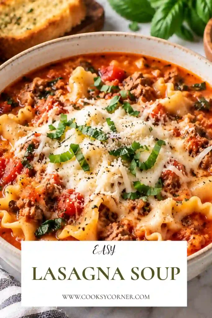 A warm bowl of Lasagna Soup filled with broken lasagna noodles, seasoned beef, spinach, and tomato broth. Creamy ricotta, melted mozzarella, Parmesan, and fresh basil finish the hearty soup.