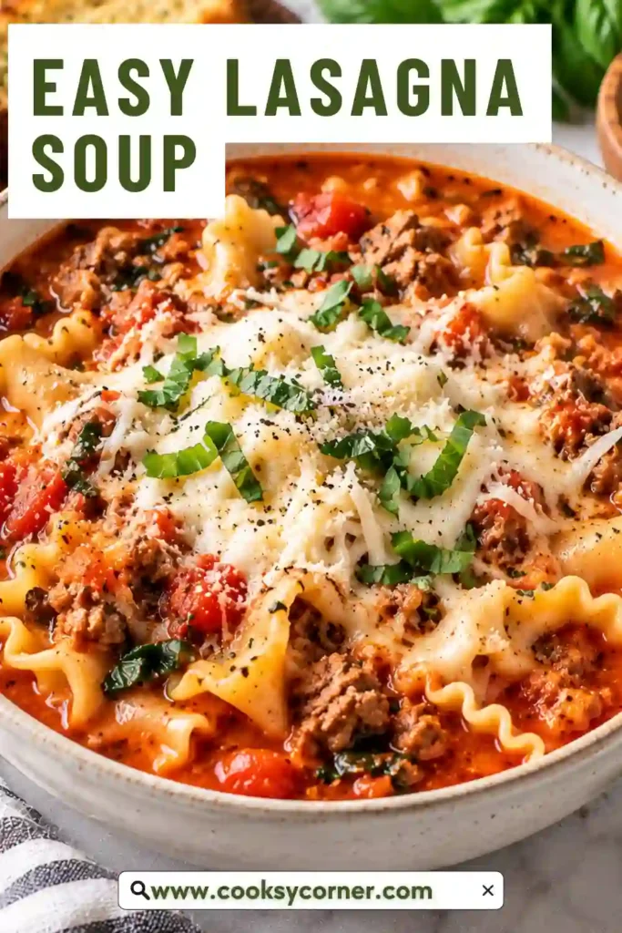 Lasagna Soup served with tender lasagna noodles, ground beef, rich tomato broth, ricotta, mozzarella, and fresh basil. This easy one pot lasagna soup has all the cozy flavors of classic lasagna in a bowl.
