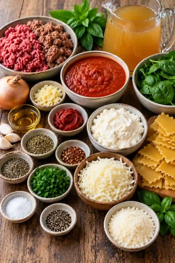 Easy Lasagna Soup topped with creamy ricotta, shredded mozzarella, Parmesan cheese, and fresh basil. Tender lasagna noodles and savory beef fill the rich tomato and herb broth.