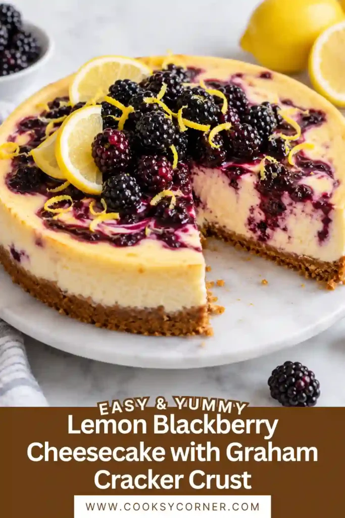 Close-up of blackberry swirl cheesecake with purple fruit streaks running through a pale lemon cream cheese filling. The smooth cheesecake sits above a finely crushed graham cracker crust.